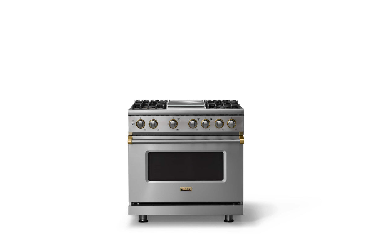 Viking - 36"W. Pro5S 5.6 Cu.Ft. Freestanding Self-Clean Sealed 4B LP Dual Fuel Convection Rng/Grdl-Stainless Steel/Brushed Brass - Stainless Steel