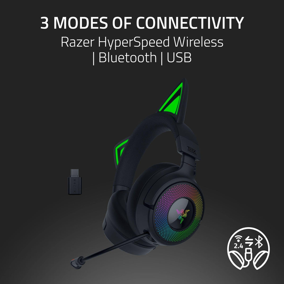 Razer - Kraken Kitty V3 Pro Bluetooth Wireless Over-the-Ear Gaming Headset for PC, Mac, PlayStation, Nintendo Switch, Steam Deck - Black