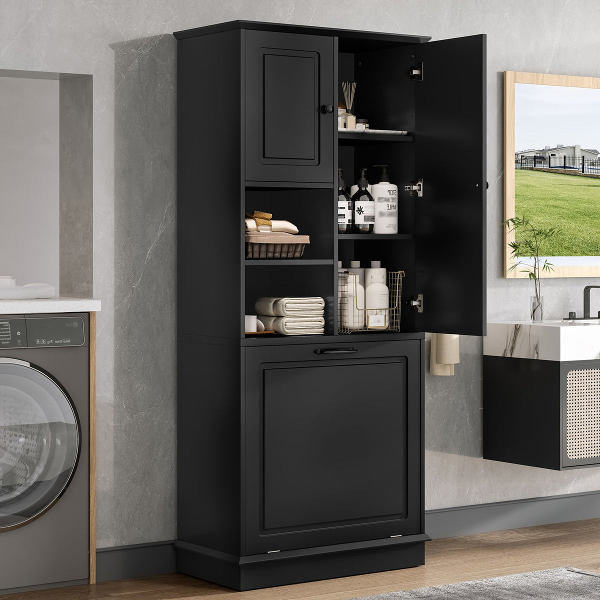 Armario alto moderno con estantes ajustables, cesta extraíble y puertas cerradas