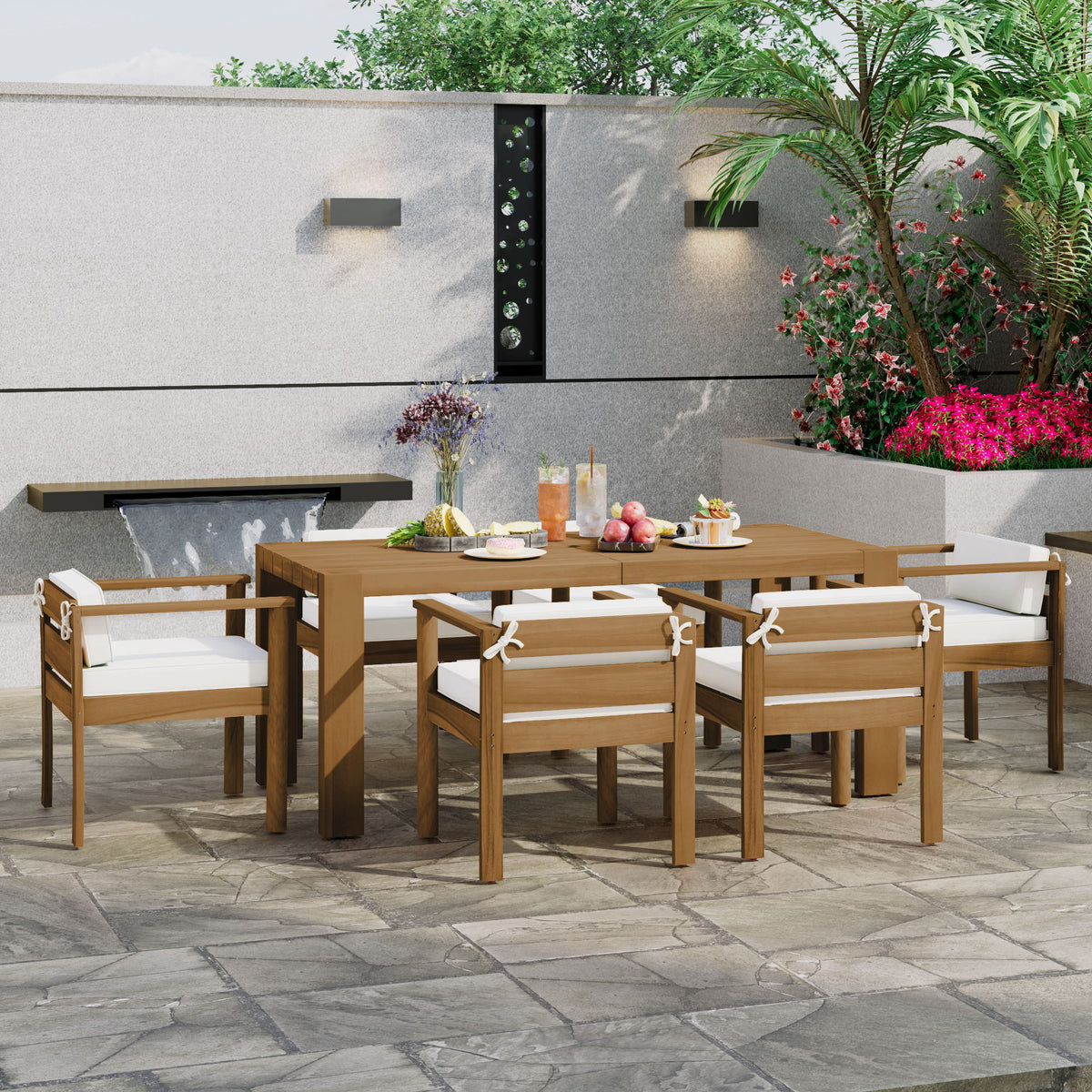 Juego de comedor rústico para patio para 6 personas con cojines extraíbles