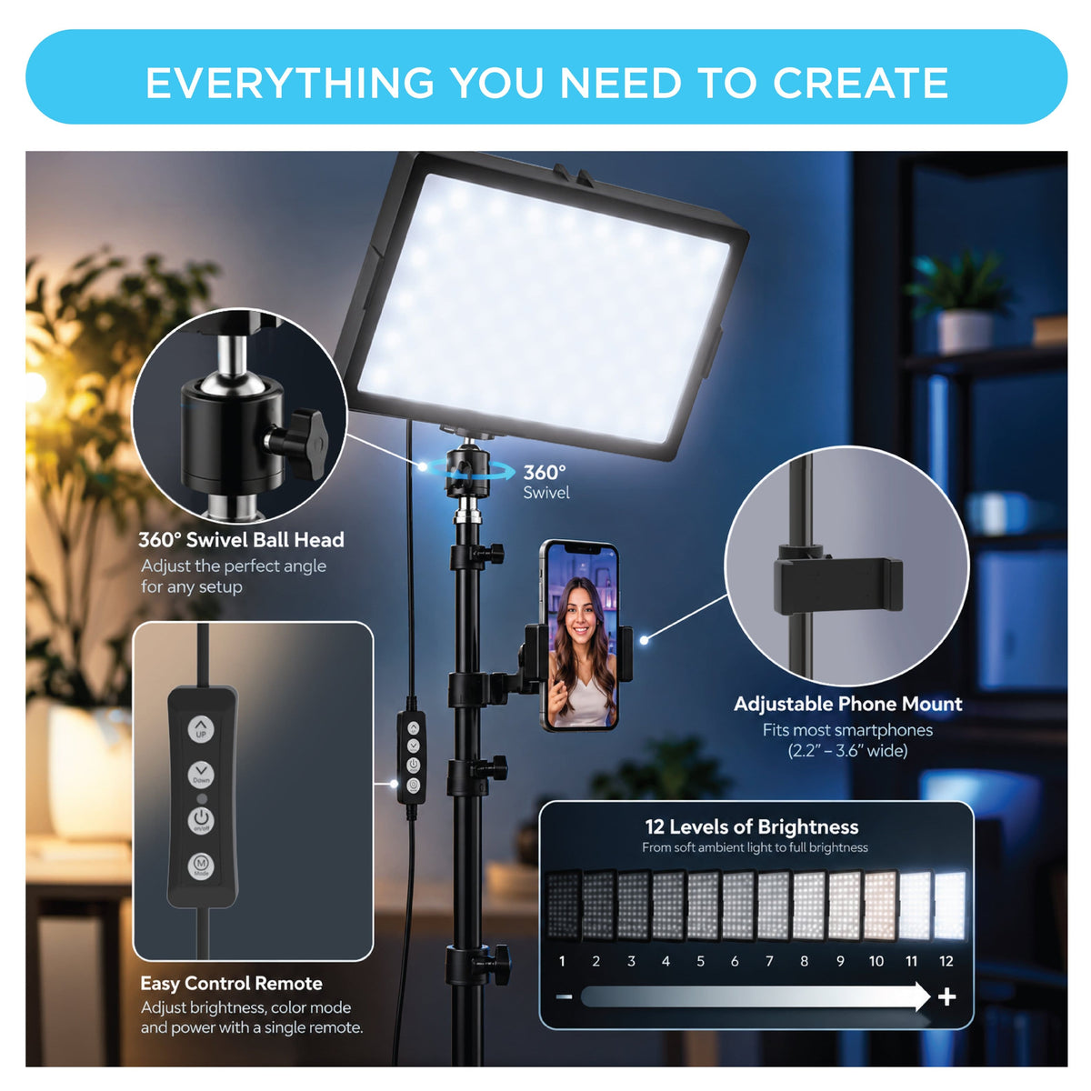 Bower - 12" Creator Light Kit with Two LED Panel Lights, 50" Stands and Phone Holders - Black