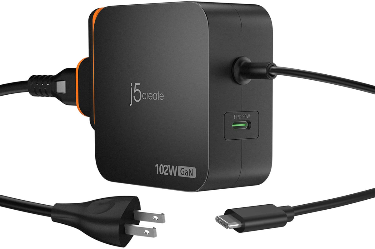 j5create - 102W Nano Super Charger for USB-C® 2-Port (GaNPower) With AC Extension Kits - Black