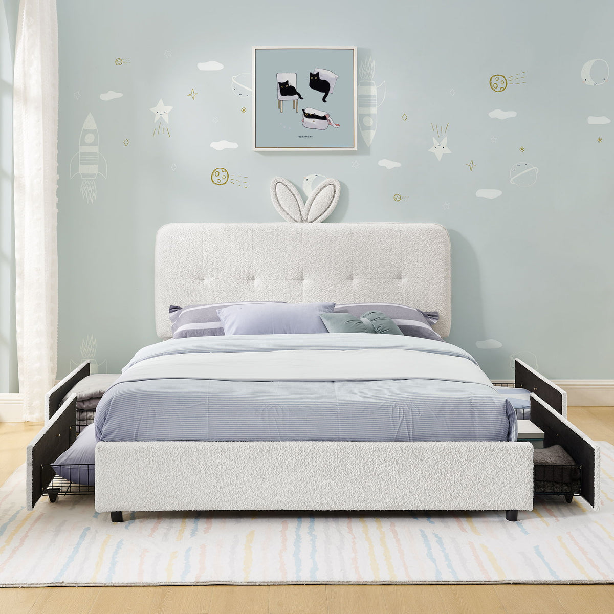 Upholstered Bed With Oversized Rabbit Ear Headboard, LED Lights & 4 Storage Drawers