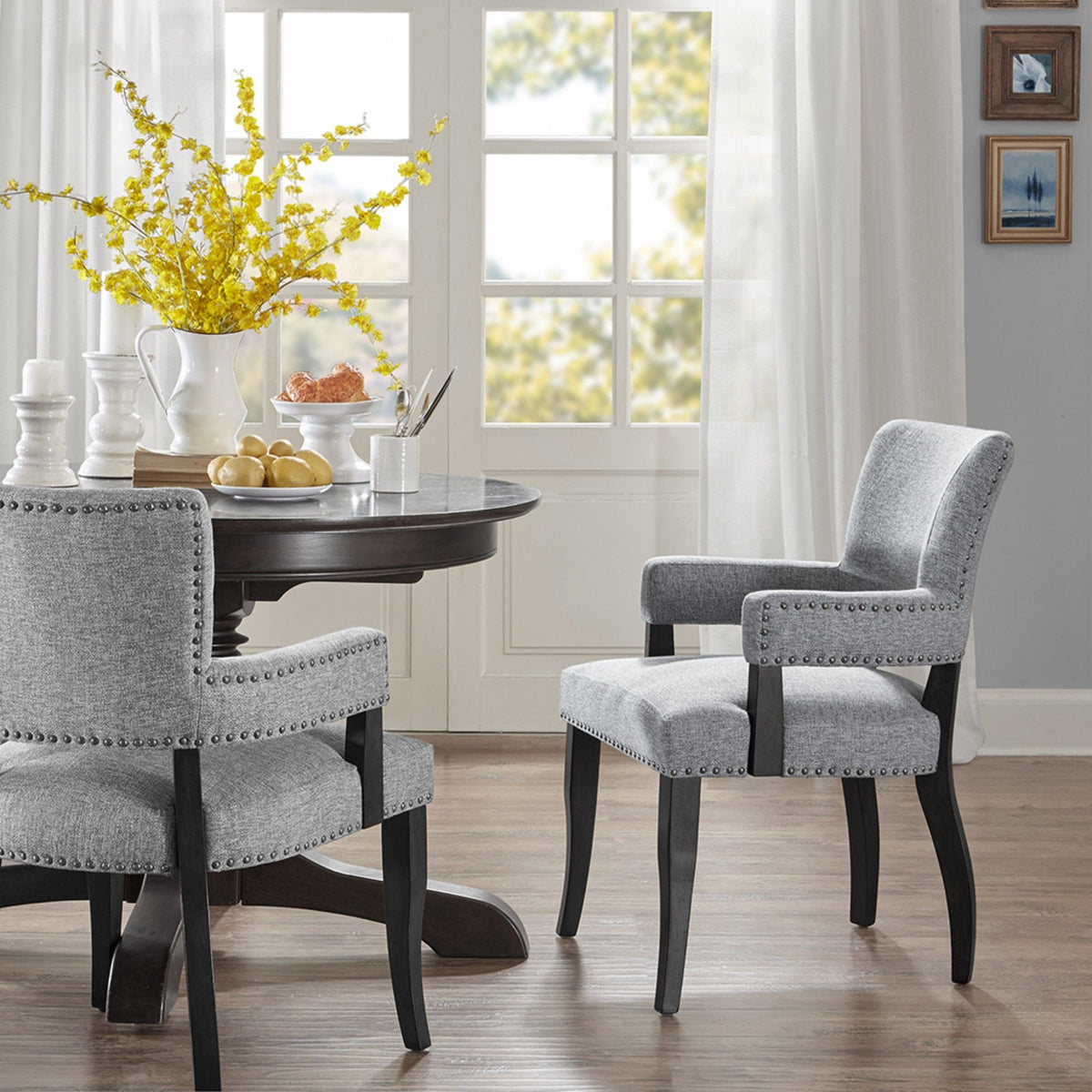 Elegant Arm Dining Chair With Brass Nail Head Detailing