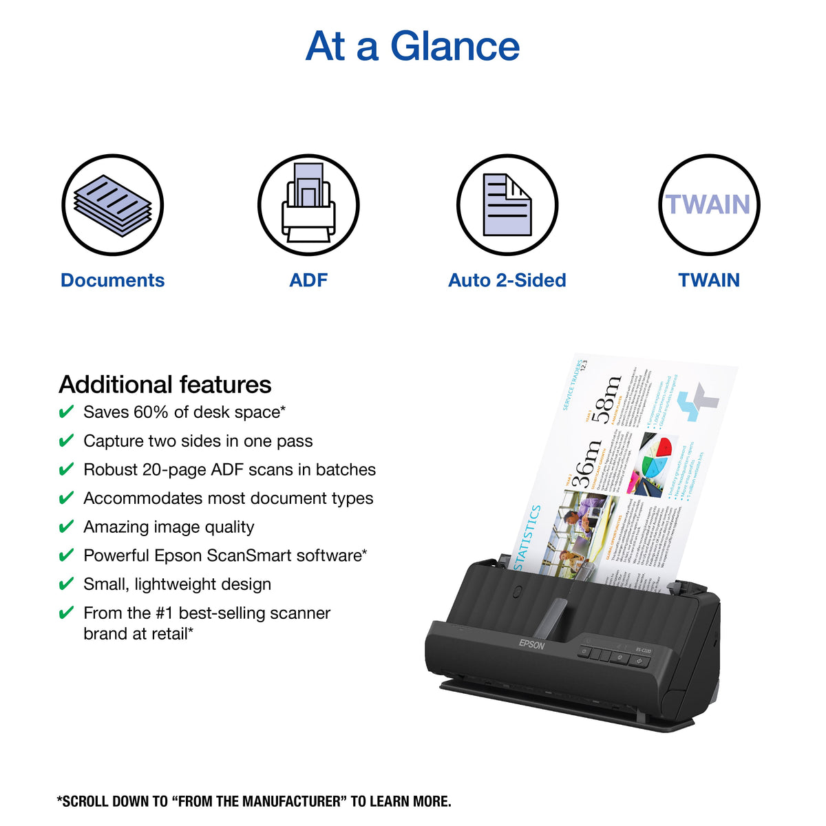 Epson - WorkForce ES-C220 Compact Desktop Document Scanner - Black