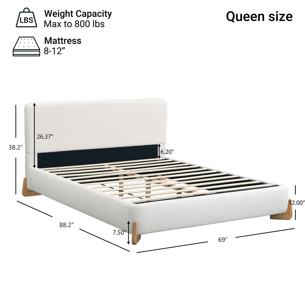Cama tapizada tamaño queen con soporte de listones - Blanca