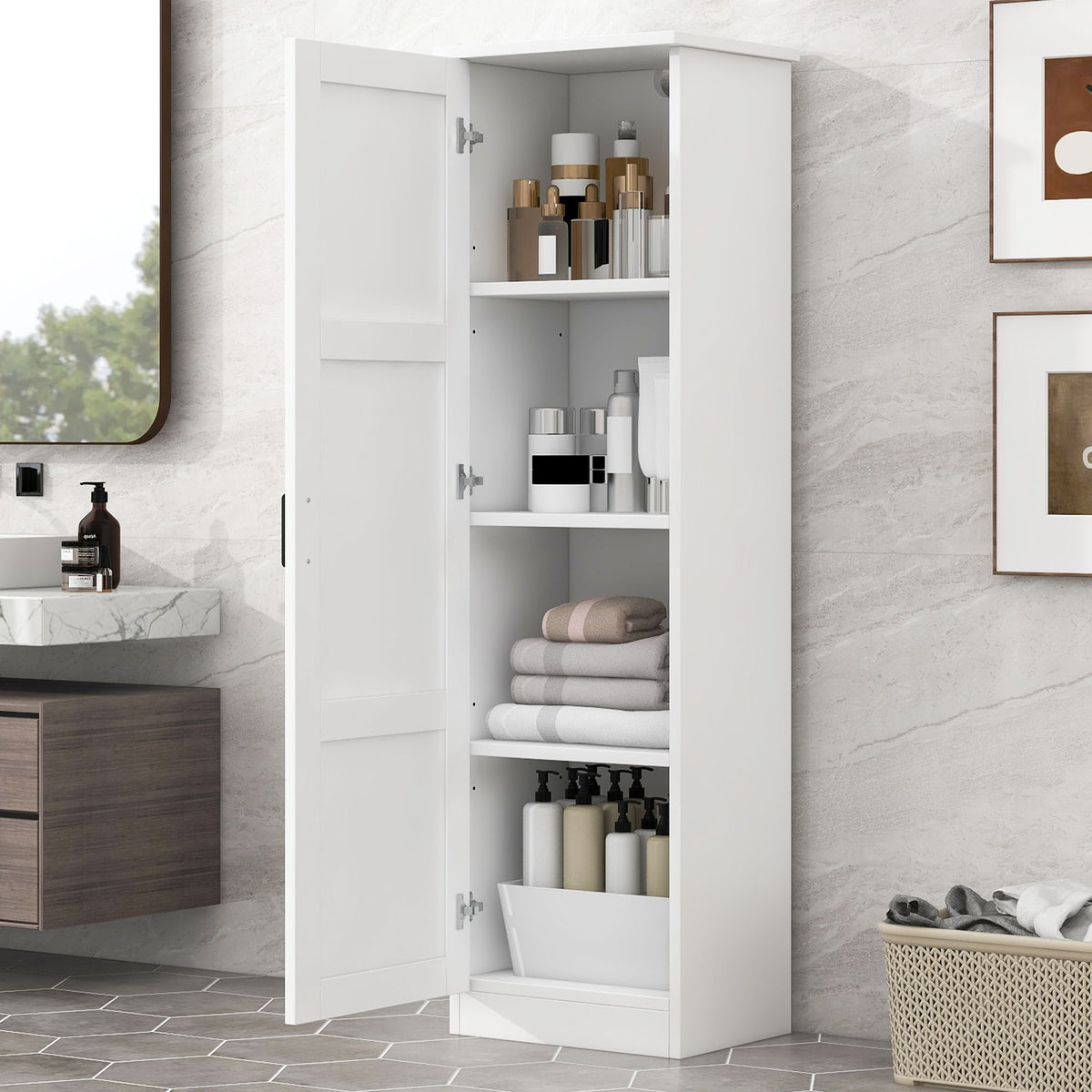 Gabinete de almacenamiento con 1 puerta y estante ajustable, forma rectangular - Blanco