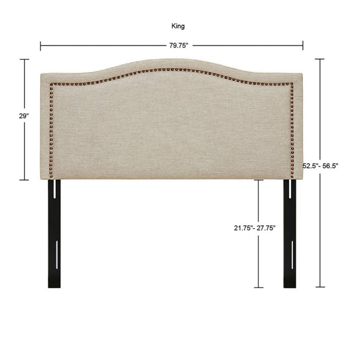 Elegant Panel Headboard With Copper Nailheads And Adjustable Metal Legs