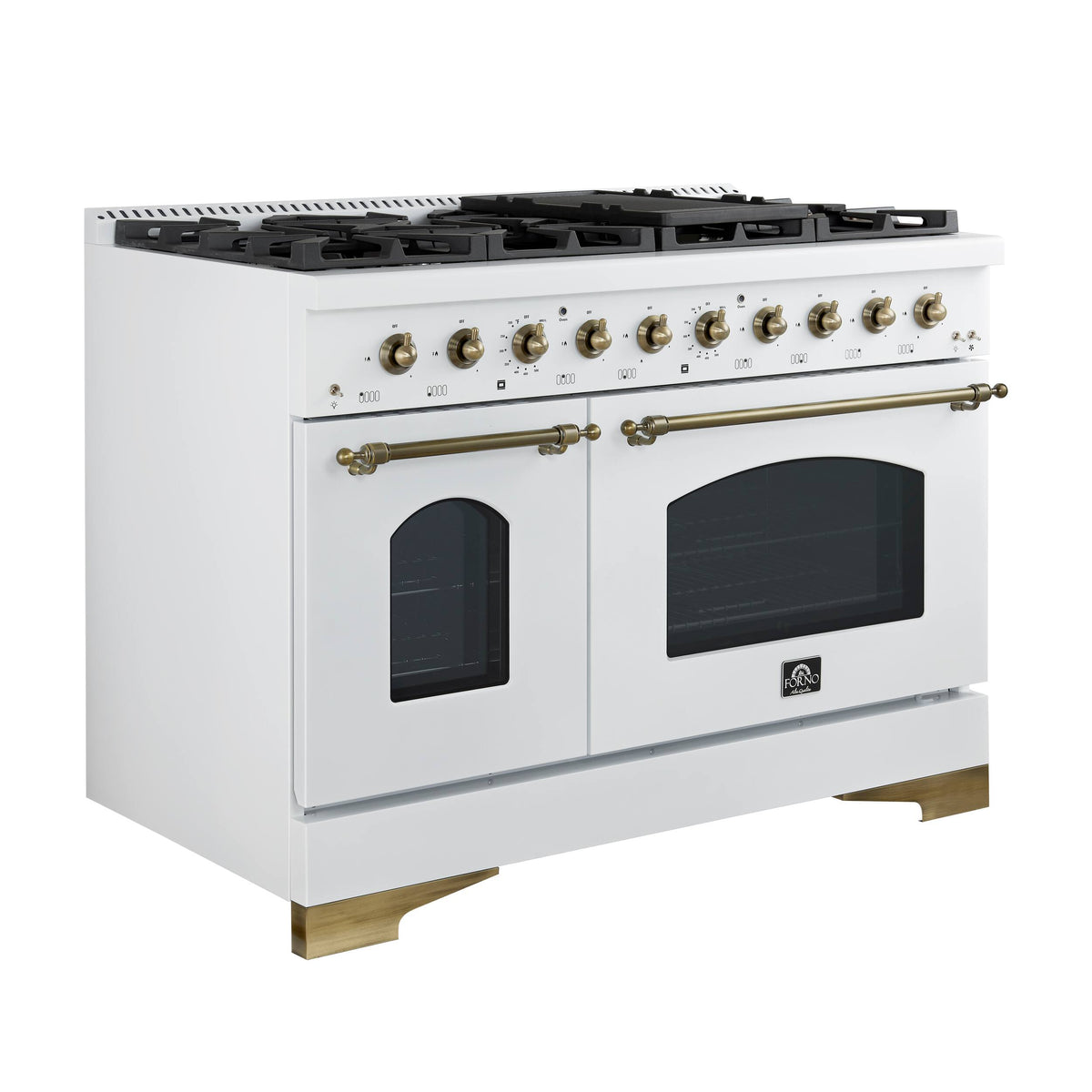 Forno Appliances - 48 in. Wide 8 Burner Antico 5.5 Cu. Ft. Freestanding Double Oven Dual Fuel Convection Range with Antique Brass Accents - White