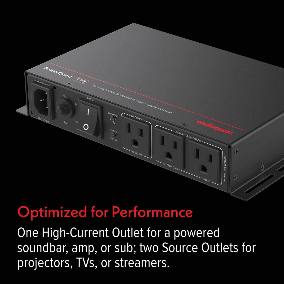 AudioQuest - PowerQuest TV3 3-Outlet Surge Protector for Wall-Mounted TVs (Non-Sacrificial, Noise-Dissipating, Behind-TV Design) - Black