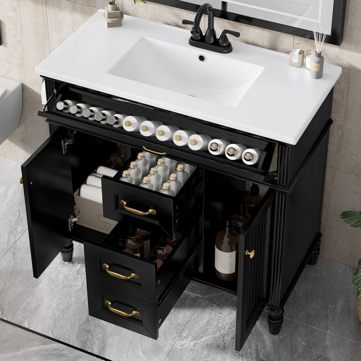 Mueble de baño con lavabo, cajón superior abatible, puertas de cierre suave, 2 cajones de almacenamiento