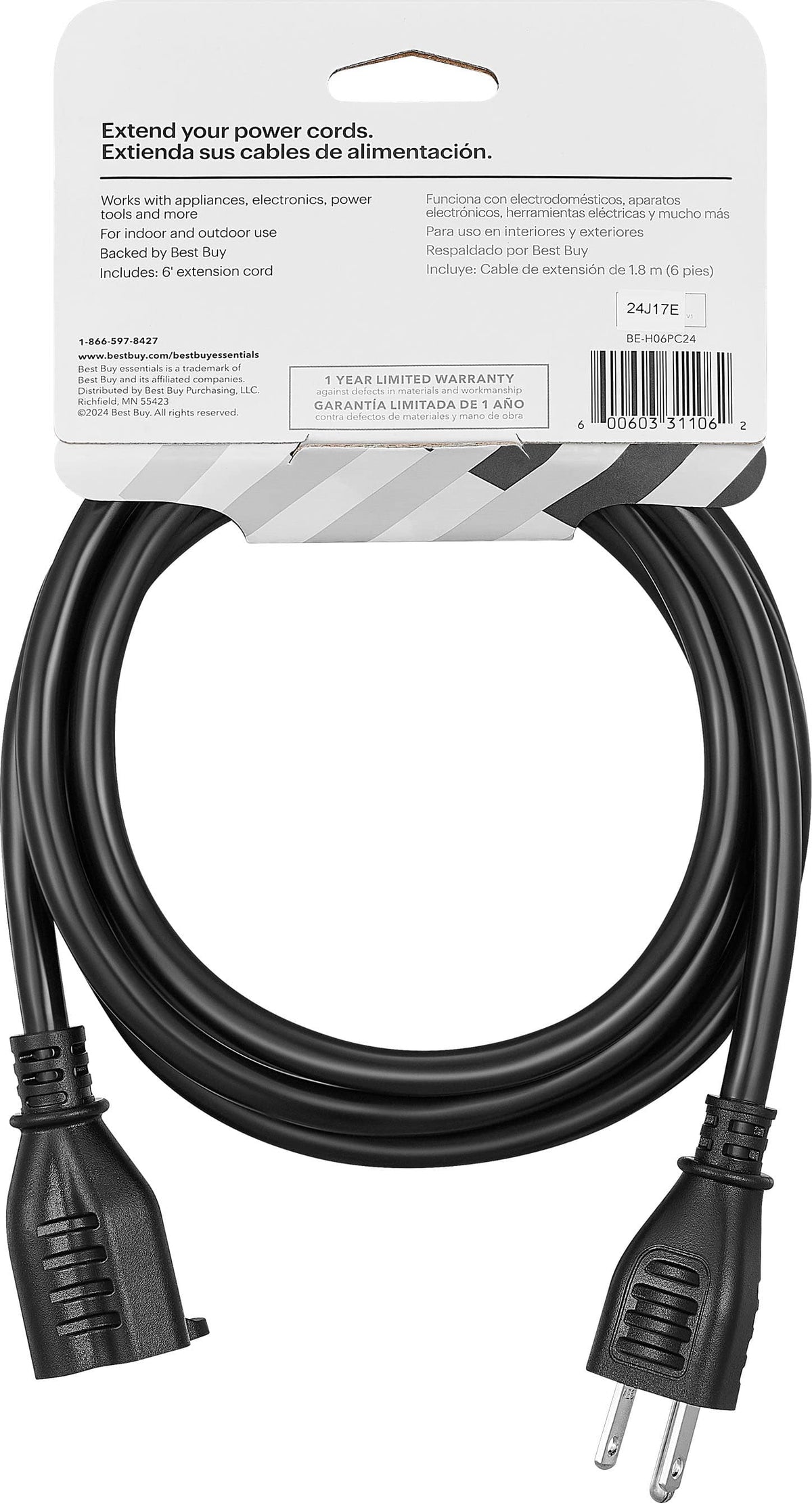 Best Buy essentials™ - 6’ 16ga Indoor/Outdoor Extension Power Cord - Black