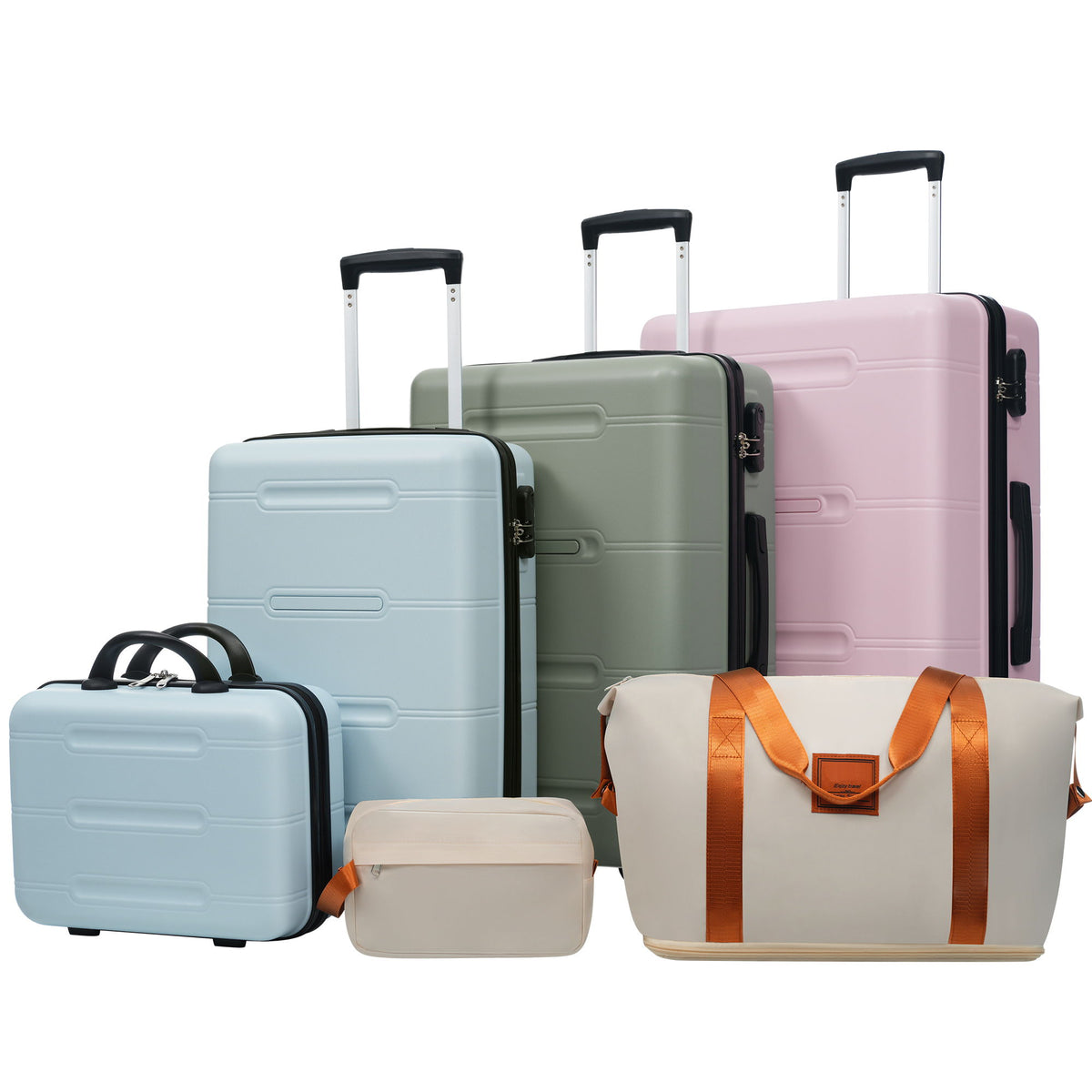 Juego de maletas rígidas ligeras con ruedas giratorias dobles, cerradura con contraseña, neceser, maletas de 20" / 24" / 28", bolsa de viaje y neceser de aseo - Azul / Verde / Rosa