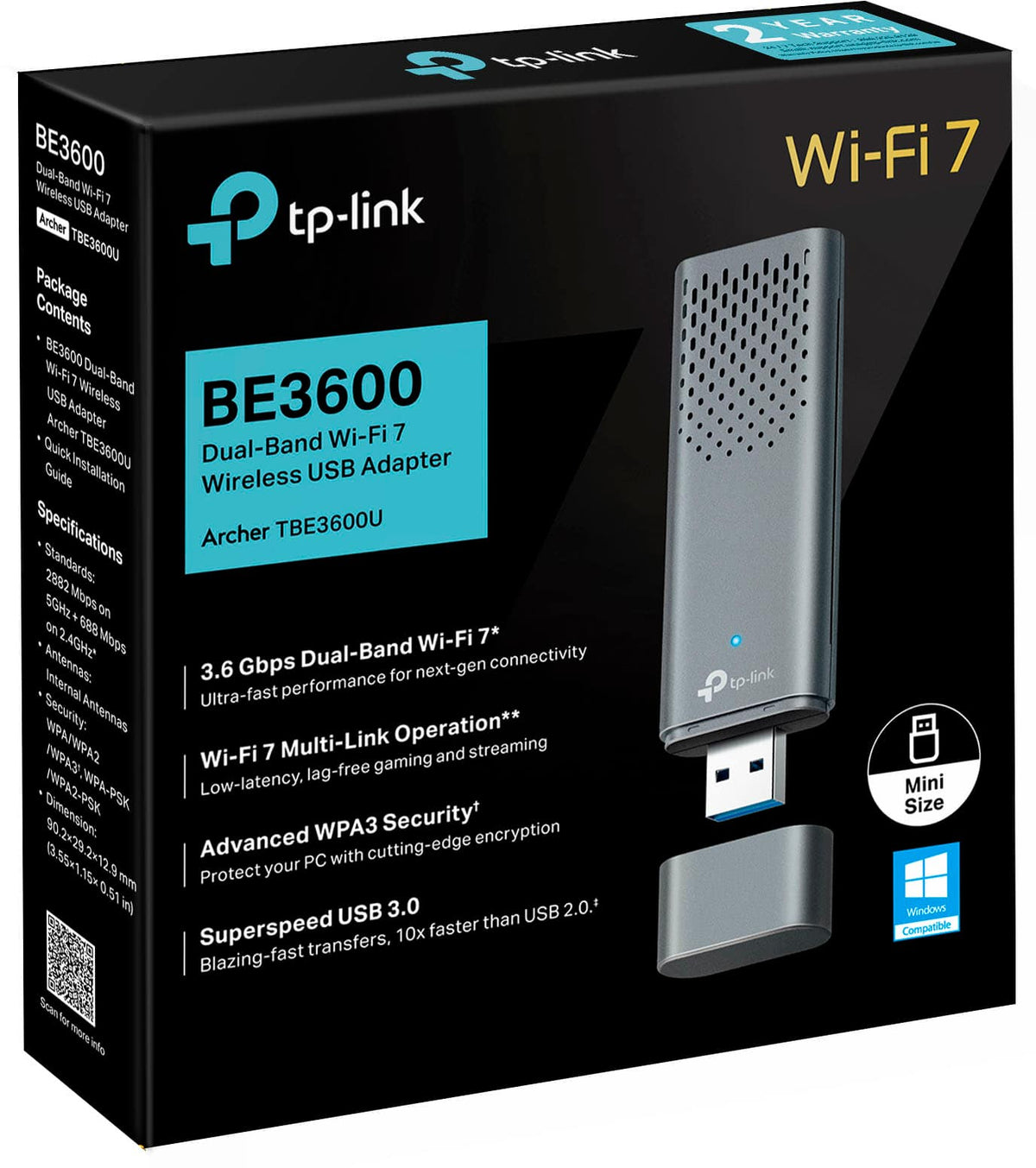 TP-Link - Archer TBE3600U Dual-Band BE3600 3.6 Gbps Wi-Fi 7 Wireless Ultra-Fast USB 3.0 Adapter with Advanced WPA3 Security - Gray