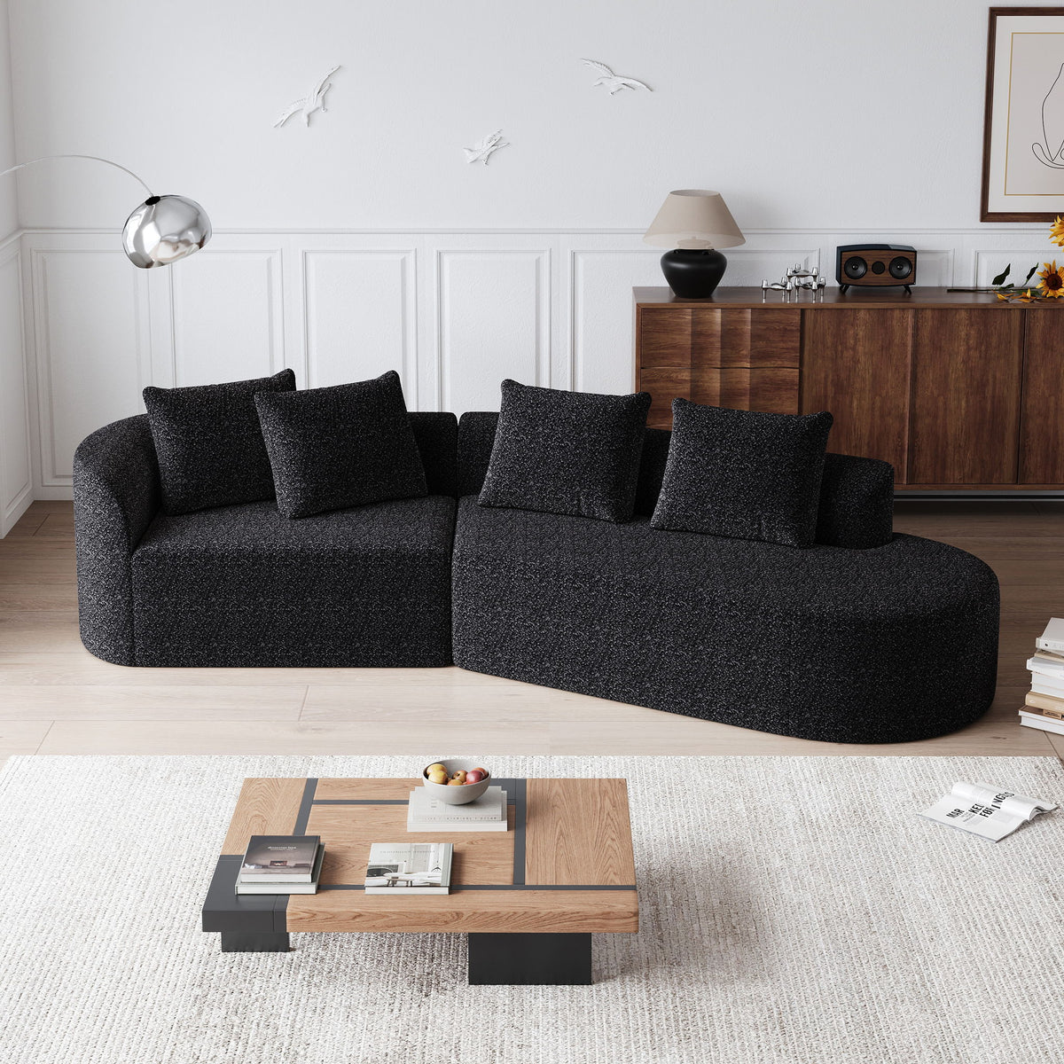 Sofá Seccional Tapizado de Gran Tamaño, Sofá Nube Curvo Extragrande y Profundo de 4 Plazas con 4 Cojines Decorativos para Sala de Estar - Negro