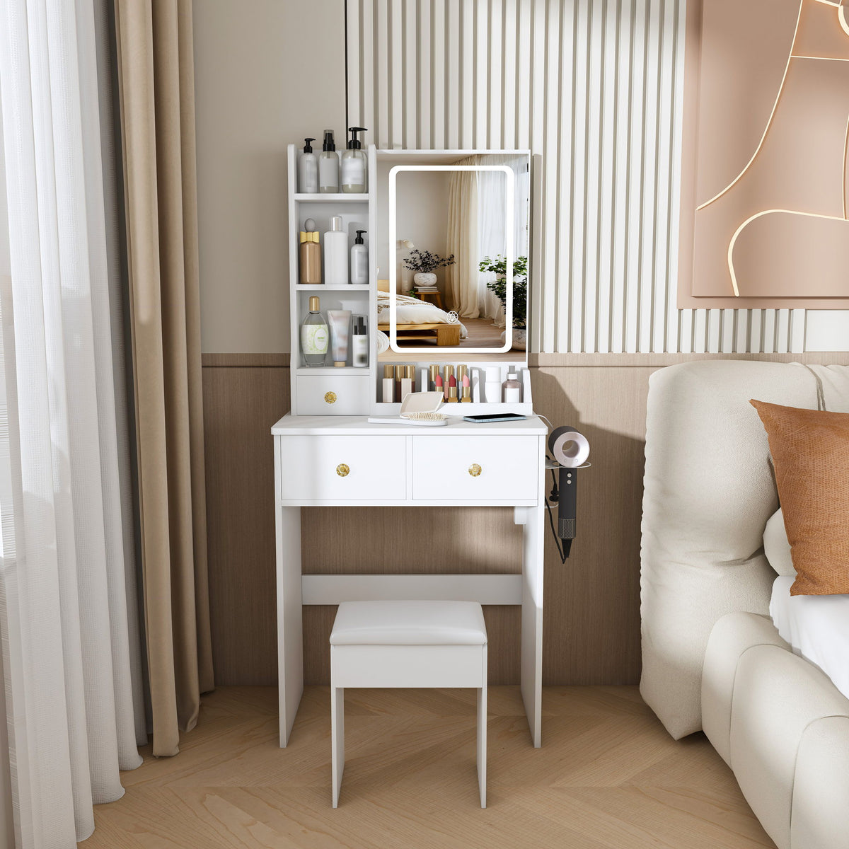 Modern Small Vanity Desk With 3 LED Lighting Modes, 3 Drawers