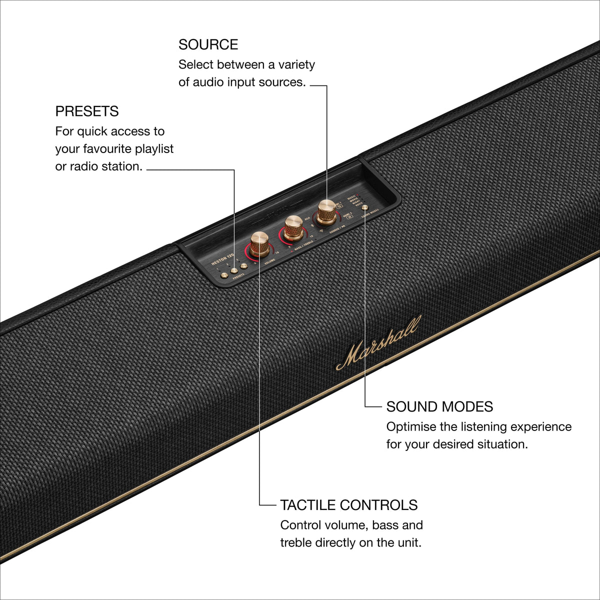 Marshall - Heston 120 Soundbar with Dolby Atmos Immersive Sound and Built-In Subwoofer for TV / Movies / Music - Black