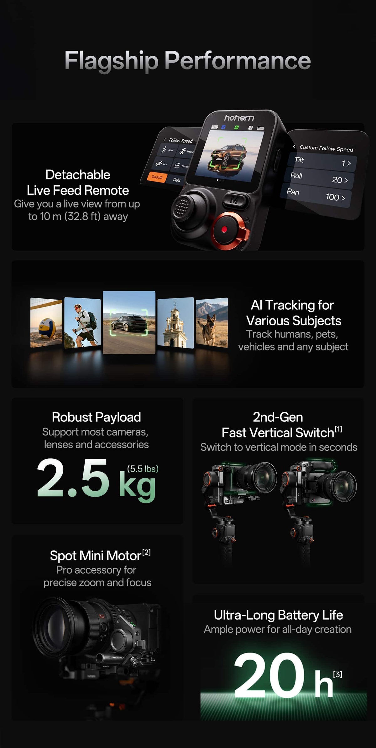 Hohem - iSteady MT3 Pro Phone & Camera Gimbal Stabilizer w/ AI Tracking, Detachable Remote for Cameras up to 5.5lbs - Black