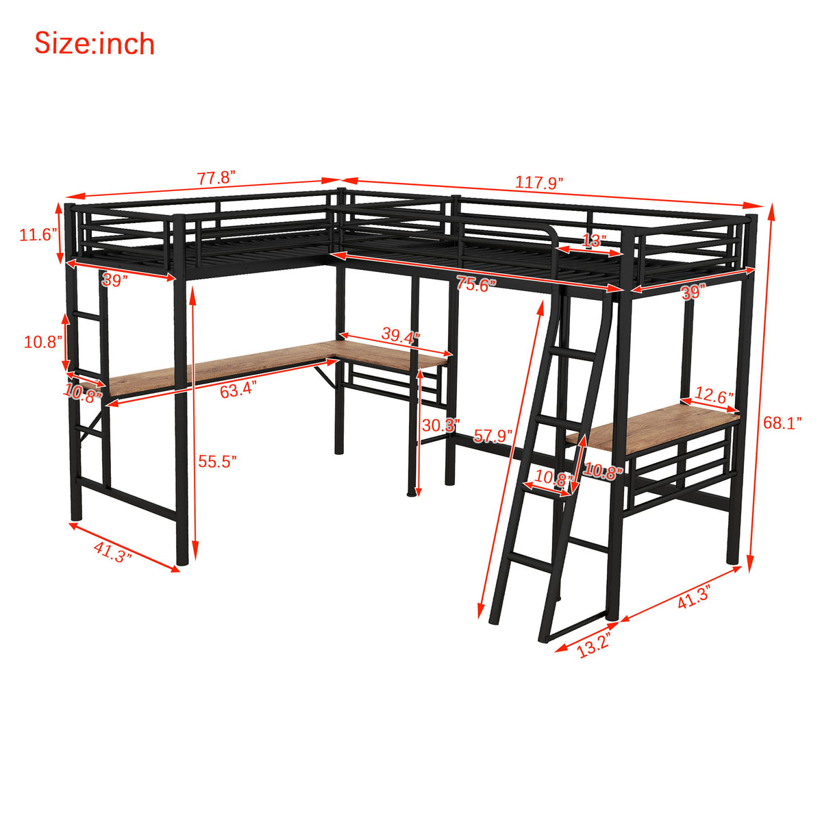 Twin Loft Bed With 2 Built In Desks, Mission Style - Black