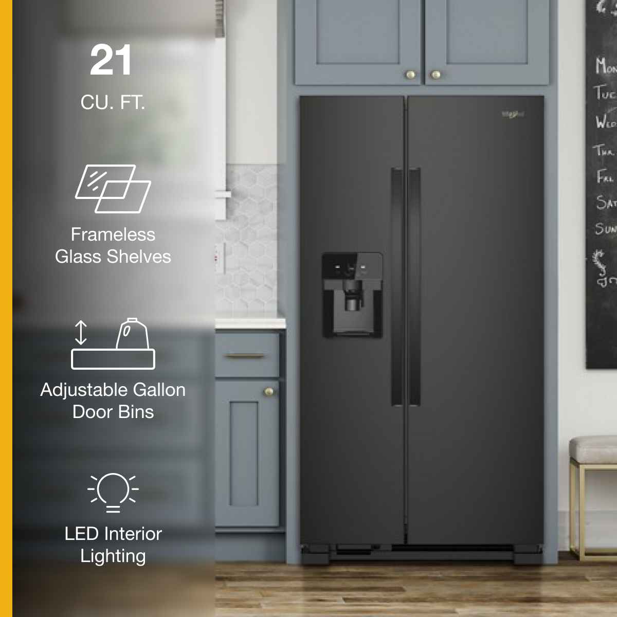 Whirlpool - 33 in. Wide 21 cu. ft. Side-by-Side Refrigerator with LED Interior Lighting - Black