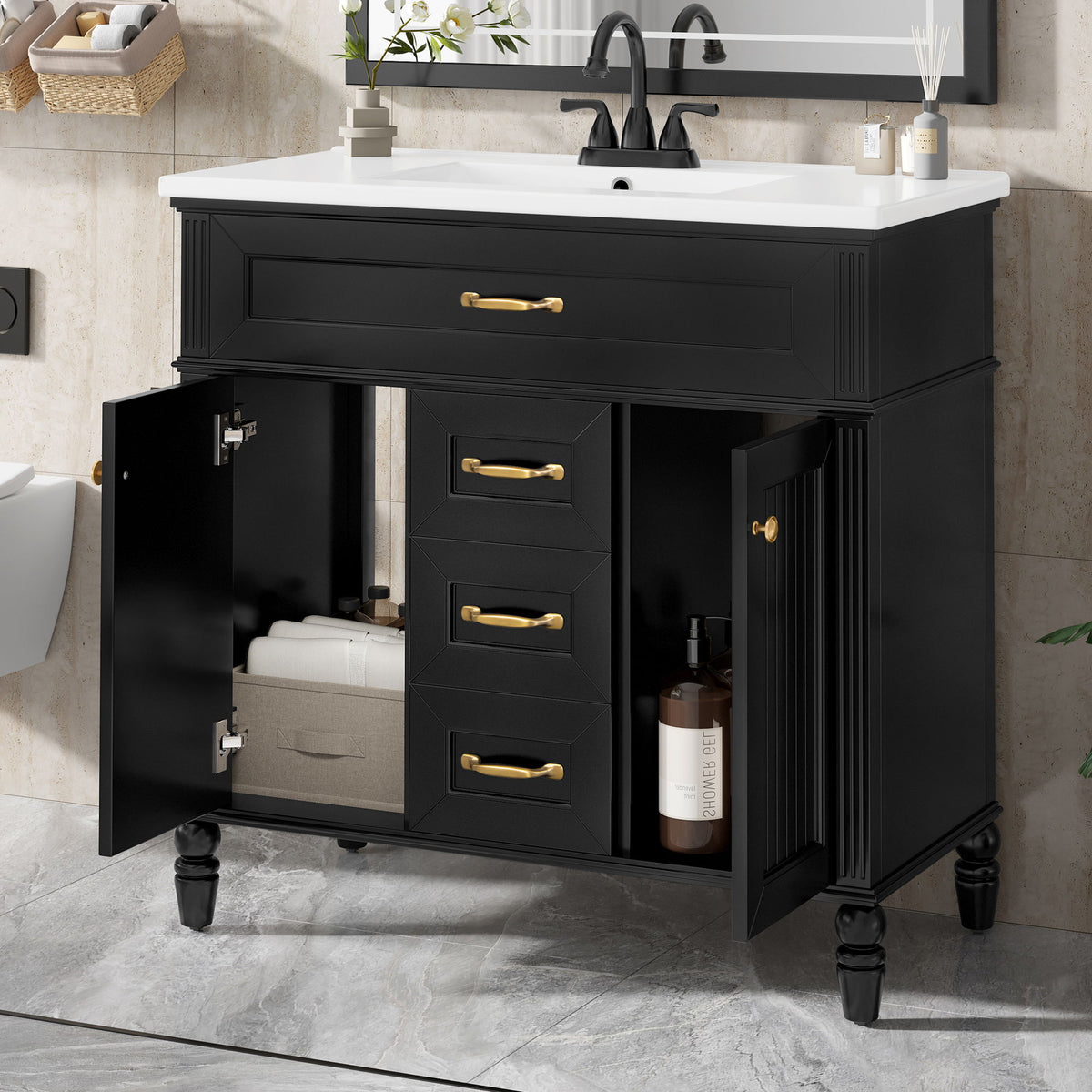 Mueble de baño con lavabo, cajón superior abatible, puertas de cierre suave, 2 cajones de almacenamiento