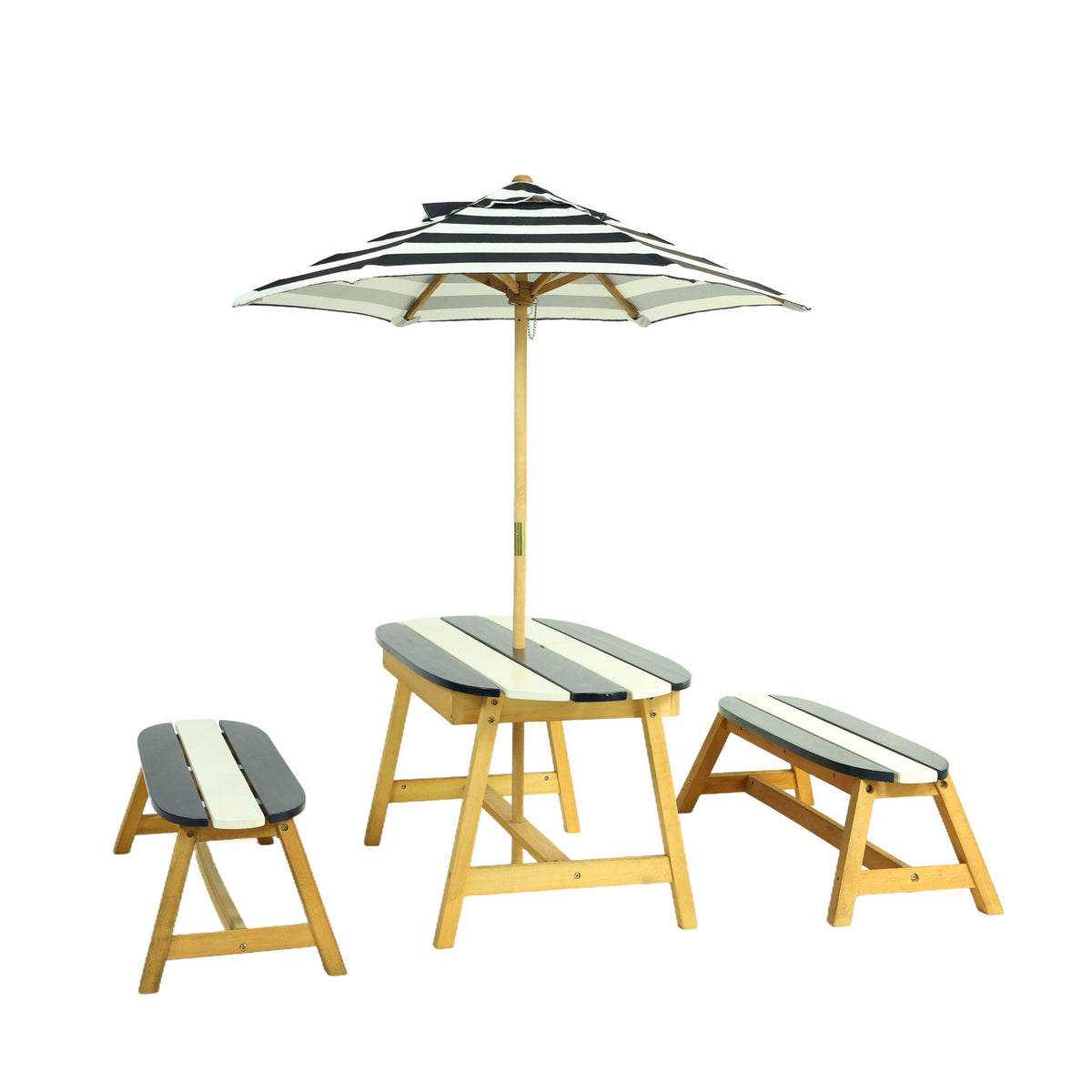 Mesa de picnic Naturally Playful para niños con sombrilla, diversión en interiores / exteriores - Rayas azules / blancas