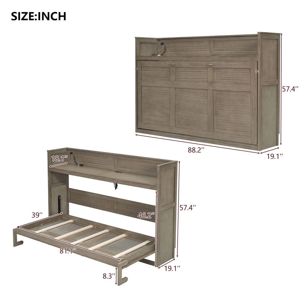 Murphy Bed With Desk, LED Light And USB Charging Station