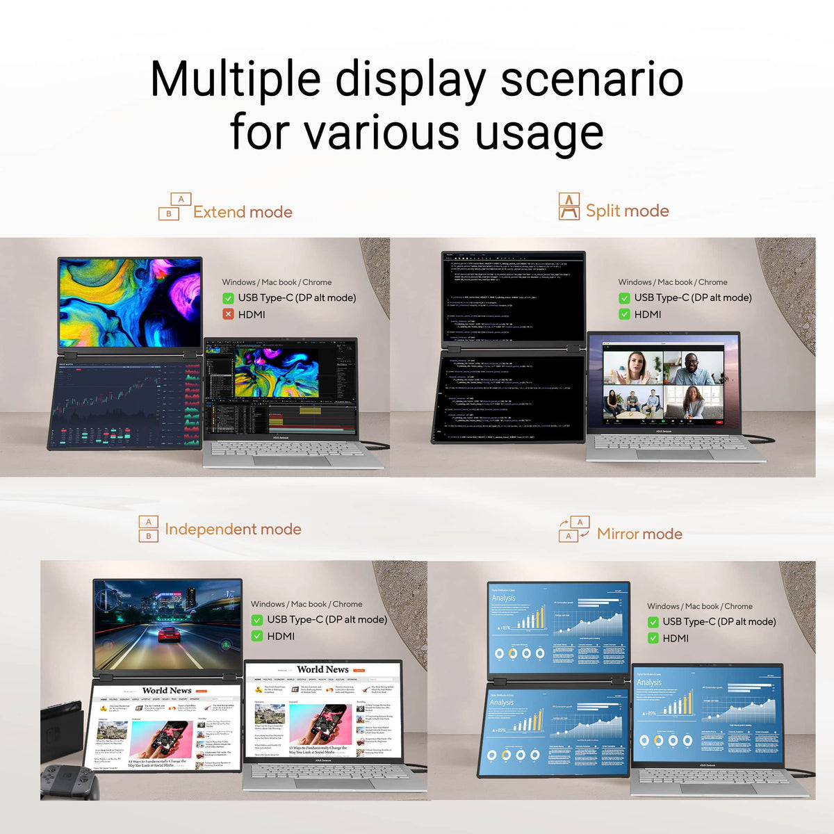 ASUS - ZenScreen Duo 14" FHD+ IPS Portable Dual Monitor with Ergo Kickstand and 360-Degree Rotation (Mini-HDMI, USB-C) - Black
