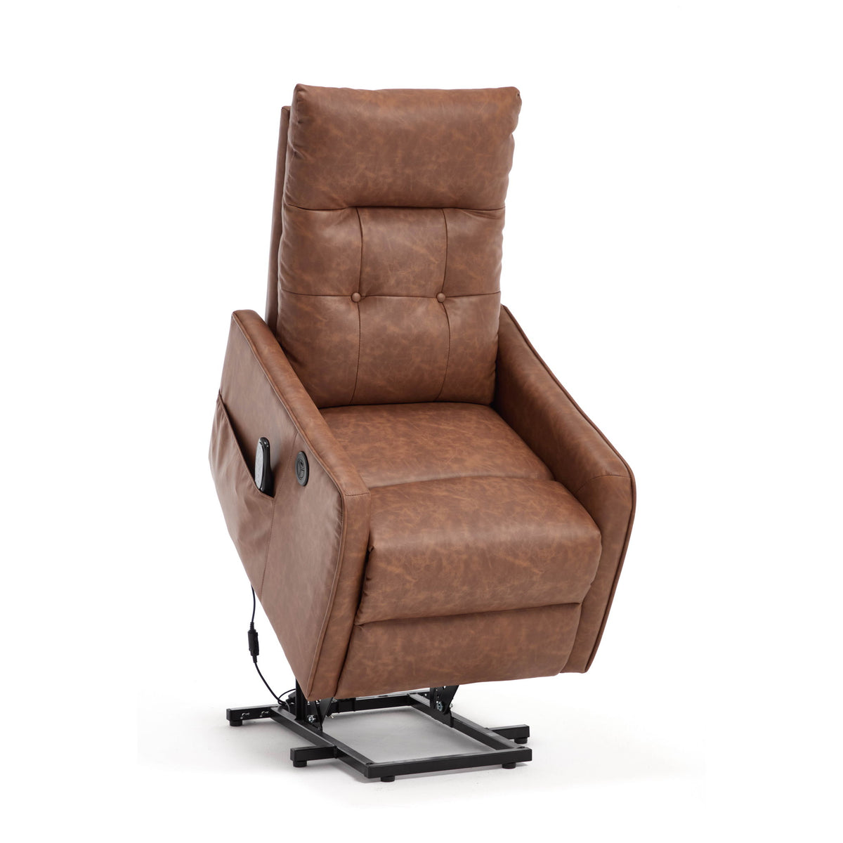 Sillón reclinable elevador con motor único, masaje, calor y puerto USB de carga - Marrón