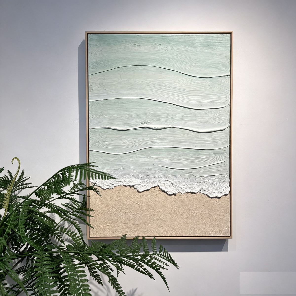 Arte de pared de playa enmarcado, pintura en lienzo texturizado, decoración de océano neutra para sala de estar - Beige / Azul