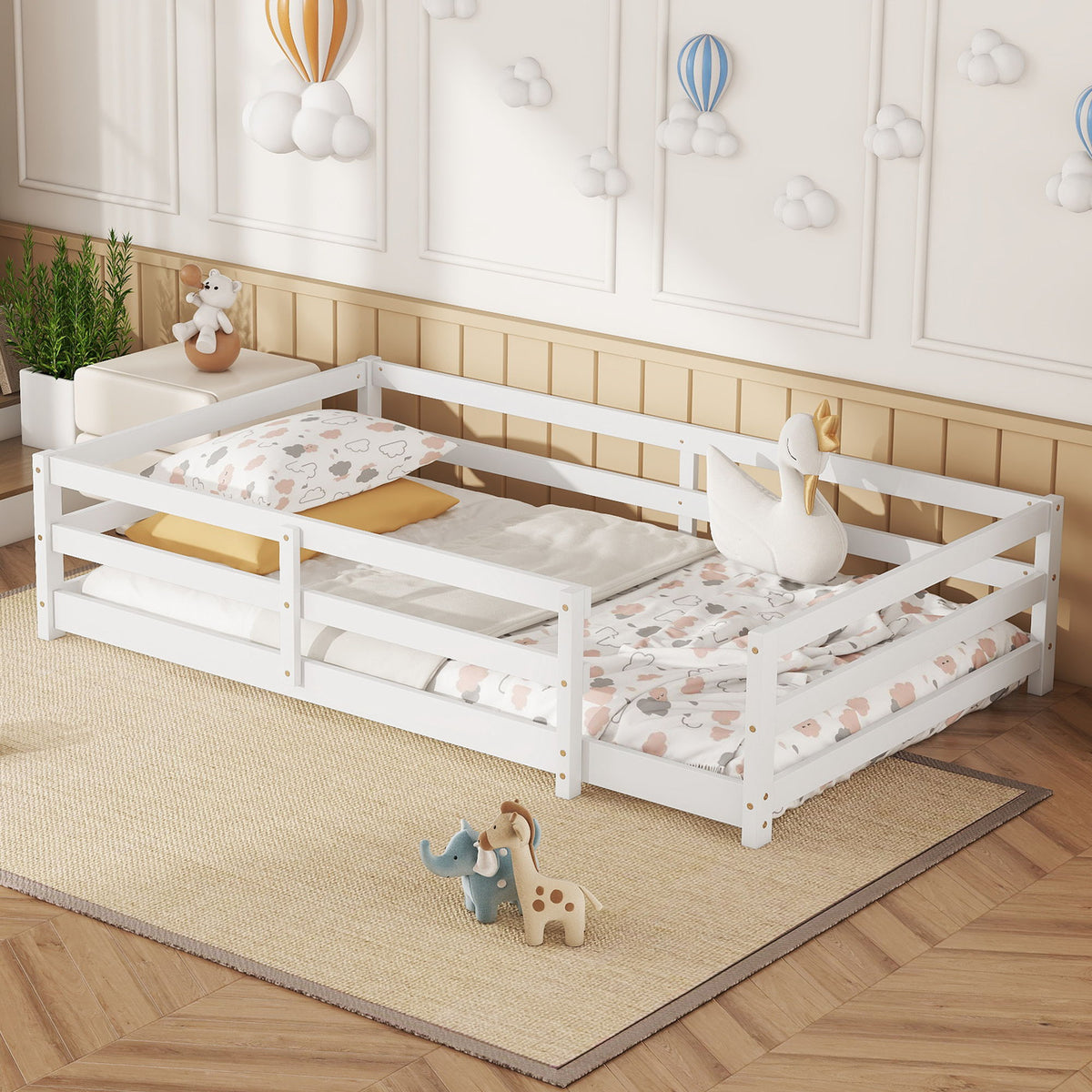Cama Montessori de Piso con Valla, Tamaño Twin - Blanca