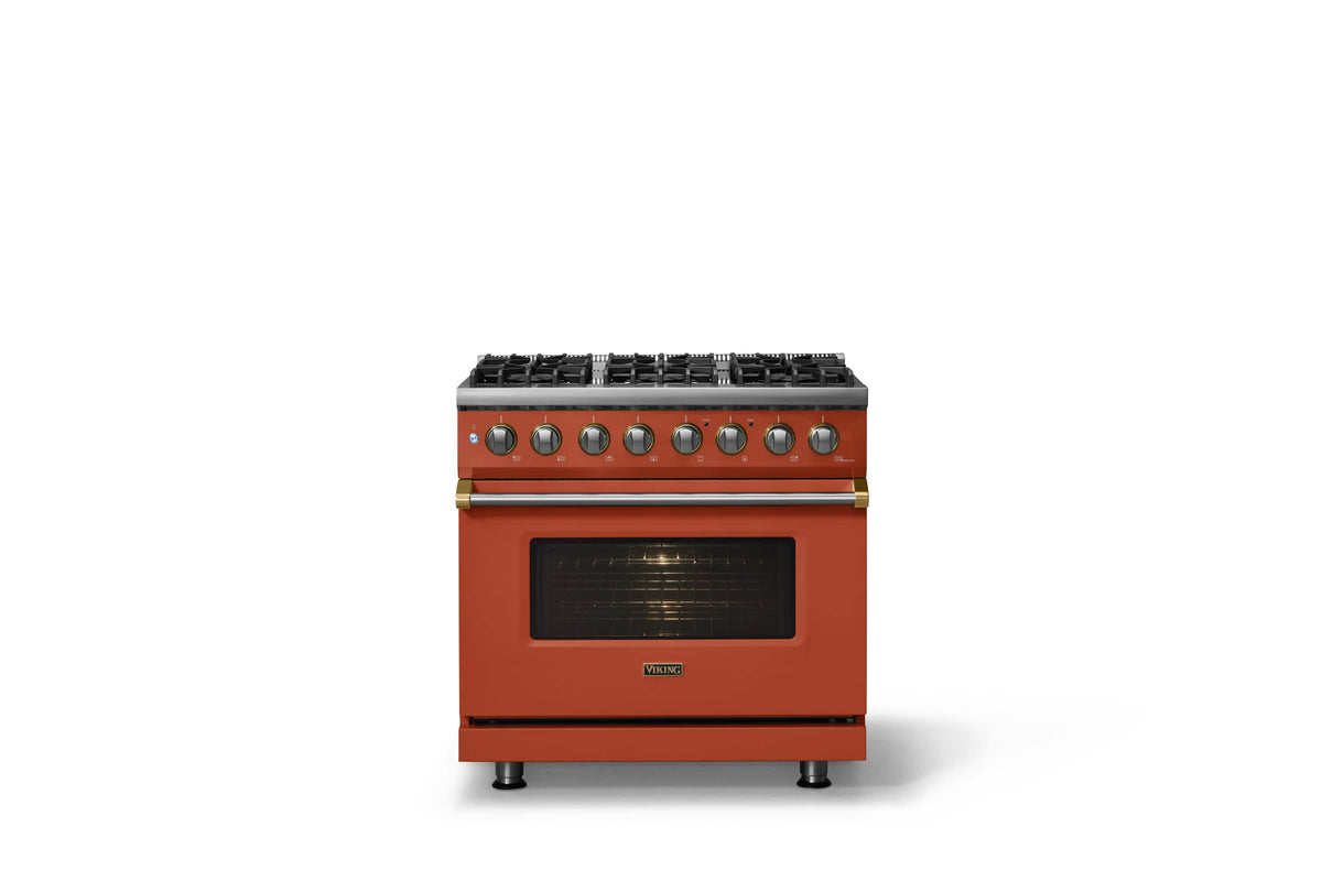 Viking - 36"W 5.6 Cu.Ft. Pro5S Freestanding Sealed 6 Burner Dual Fuel Convection LP Range - Spiced Cider w. Brushed Brass Trim - Spiced Cider
