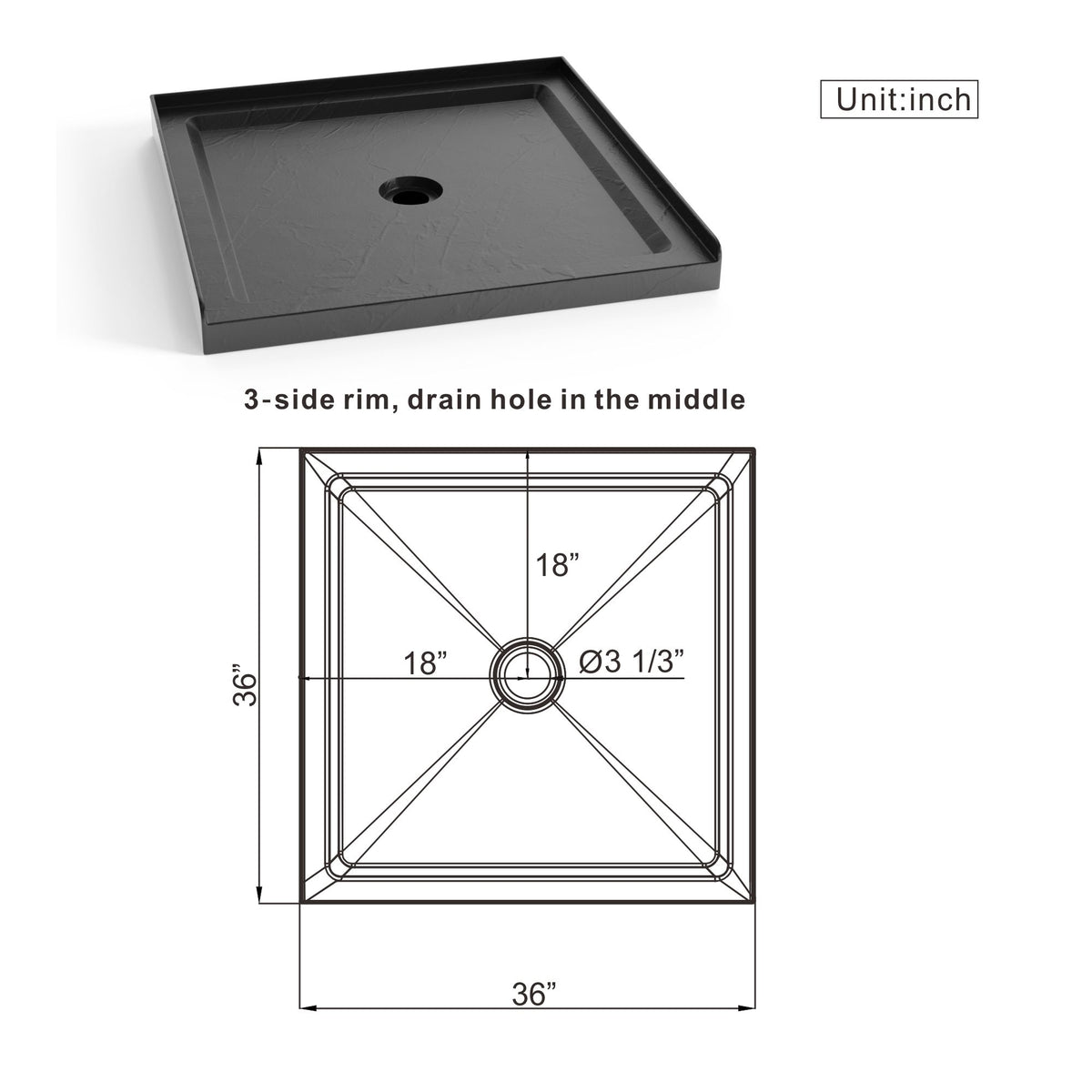Anti Slip Center Drain Single Threshold Shower Base Slate - Black