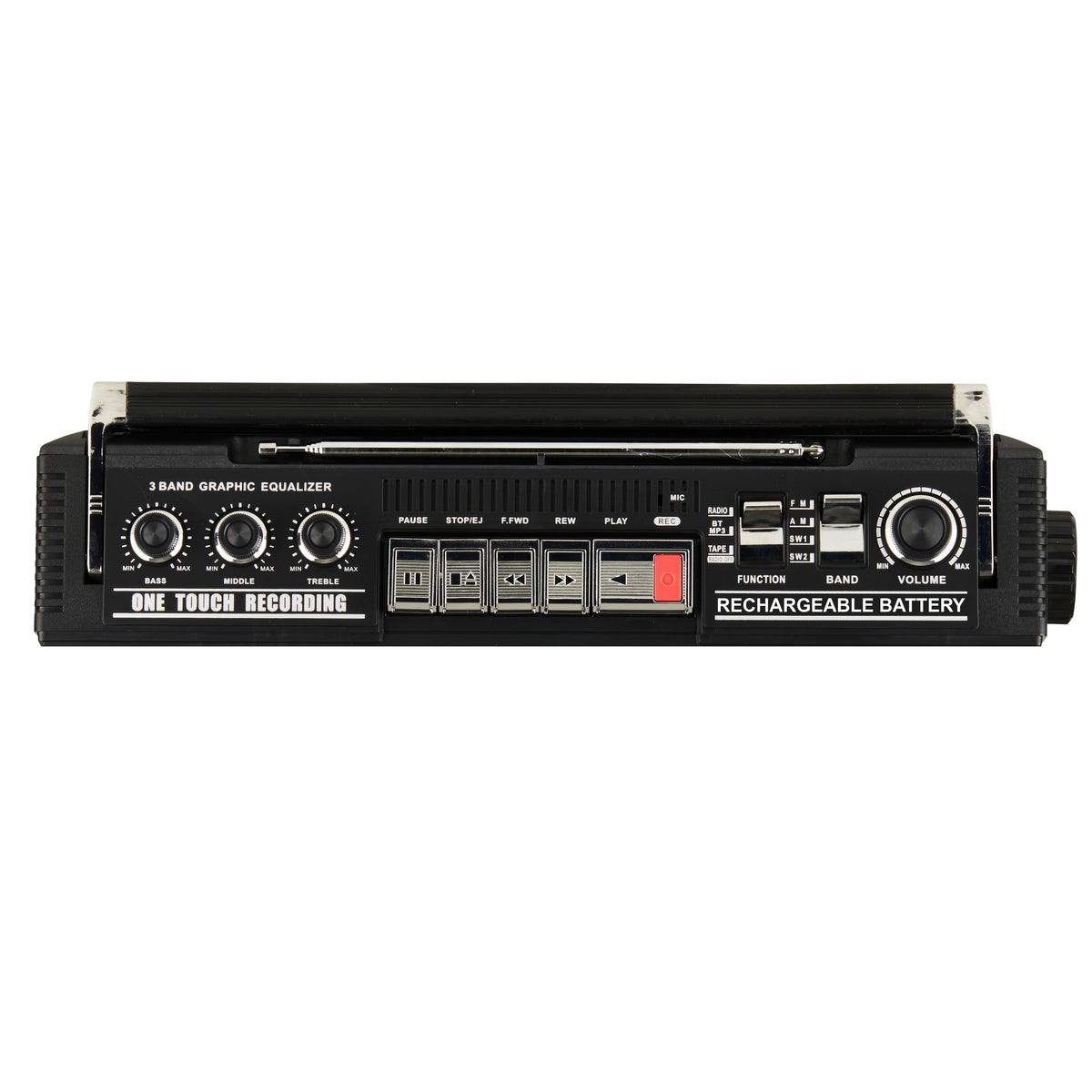 QFX - Rechargeable Cassette AM/FM/SW1-2 Radio Bluetooth Boombox with USB Recording - Black