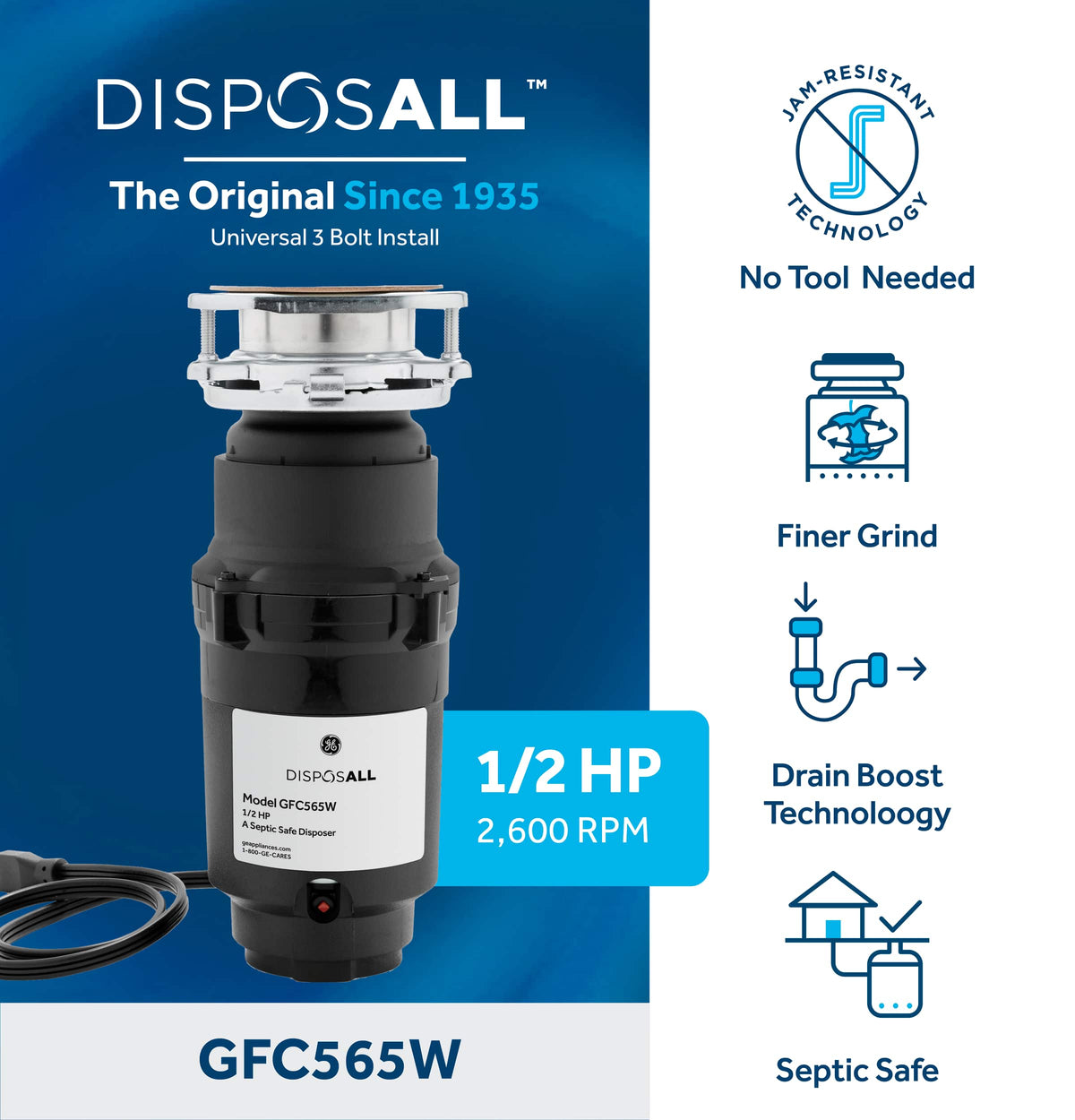 GE - DISPOSALL 1/2 HP Disposer - Black