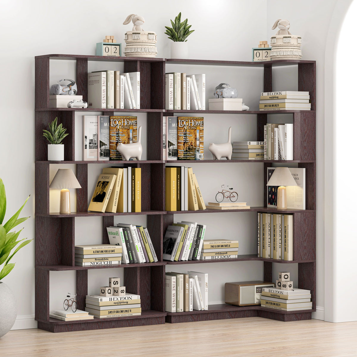Ox Blood - Red 90Cm L-Shaped Freestanding Corner Bookshelf With Anti Tip Safety, Storage Cabinet For Living Room - Ox Blood Red