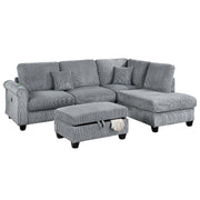 Conjunto seccional contemporáneo con chaise longue en el brazo derecho, sofá con brazo izquierdo y puerto USB, y otomana con almacenamiento