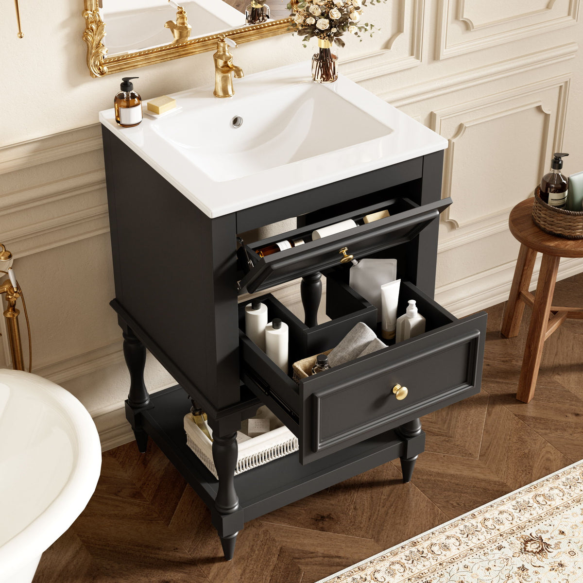Tocador de baño de diseño retro con lavabo y gabinete de almacenamiento de 2 cajones