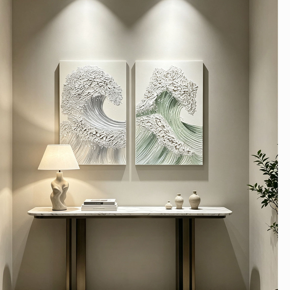 Arte de pared con olas del océano, pintura en lienzo texturizado con detalles (set de 2) - Verde salvia y dorado