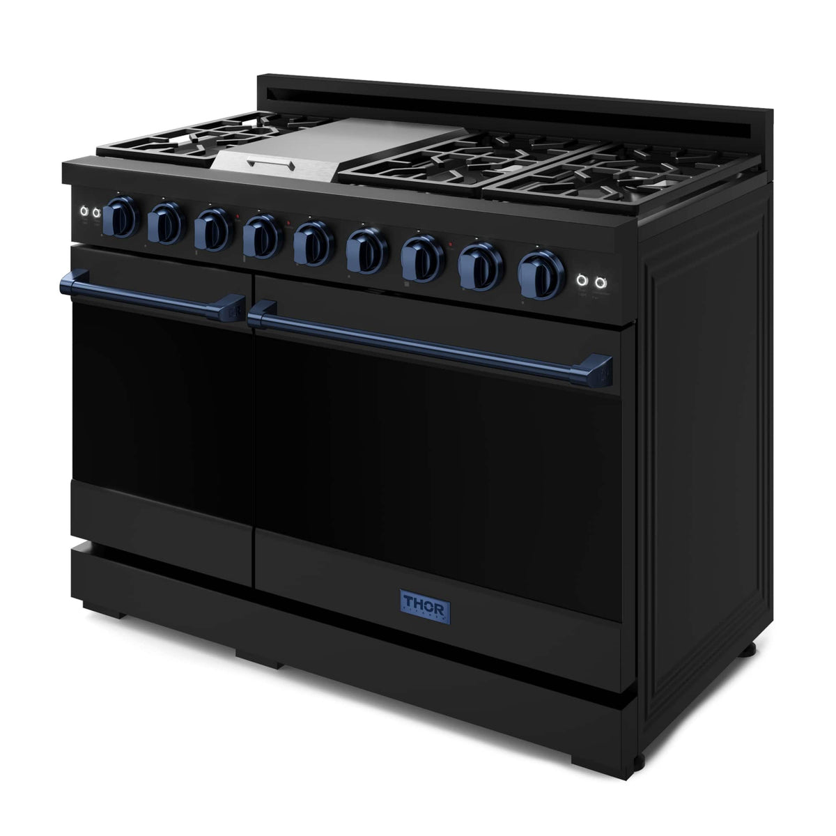 48 in. Wide 7 Burner Gordon Ramsay Series by Thor Kitchen 6.8 Cu. Ft Freestanding Gas Range with Navy Blue Hardware - Black