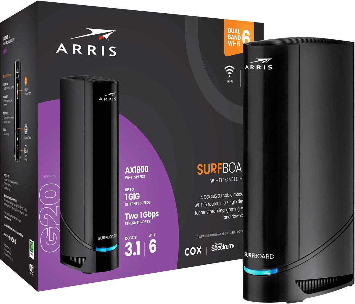 ARRIS - SURFboard G20 DOCSIS 3.1 Cable Modem & Wi-Fi 6 Router Combo - Black
