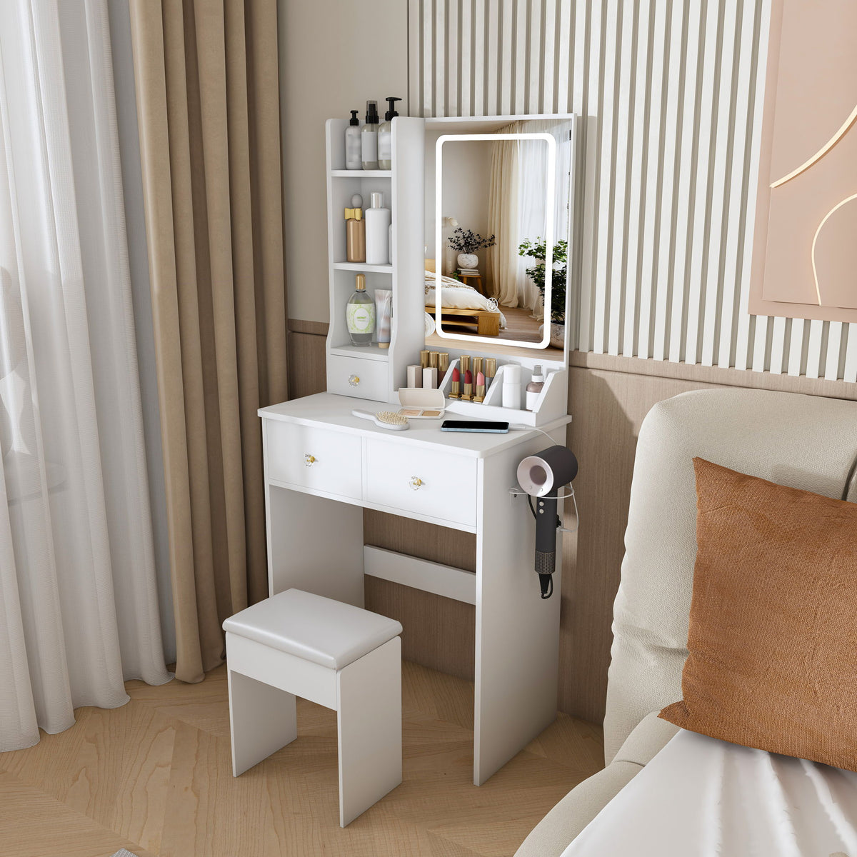 Modern Small Vanity Desk With 3 LED Lighting Modes, 3 Drawers