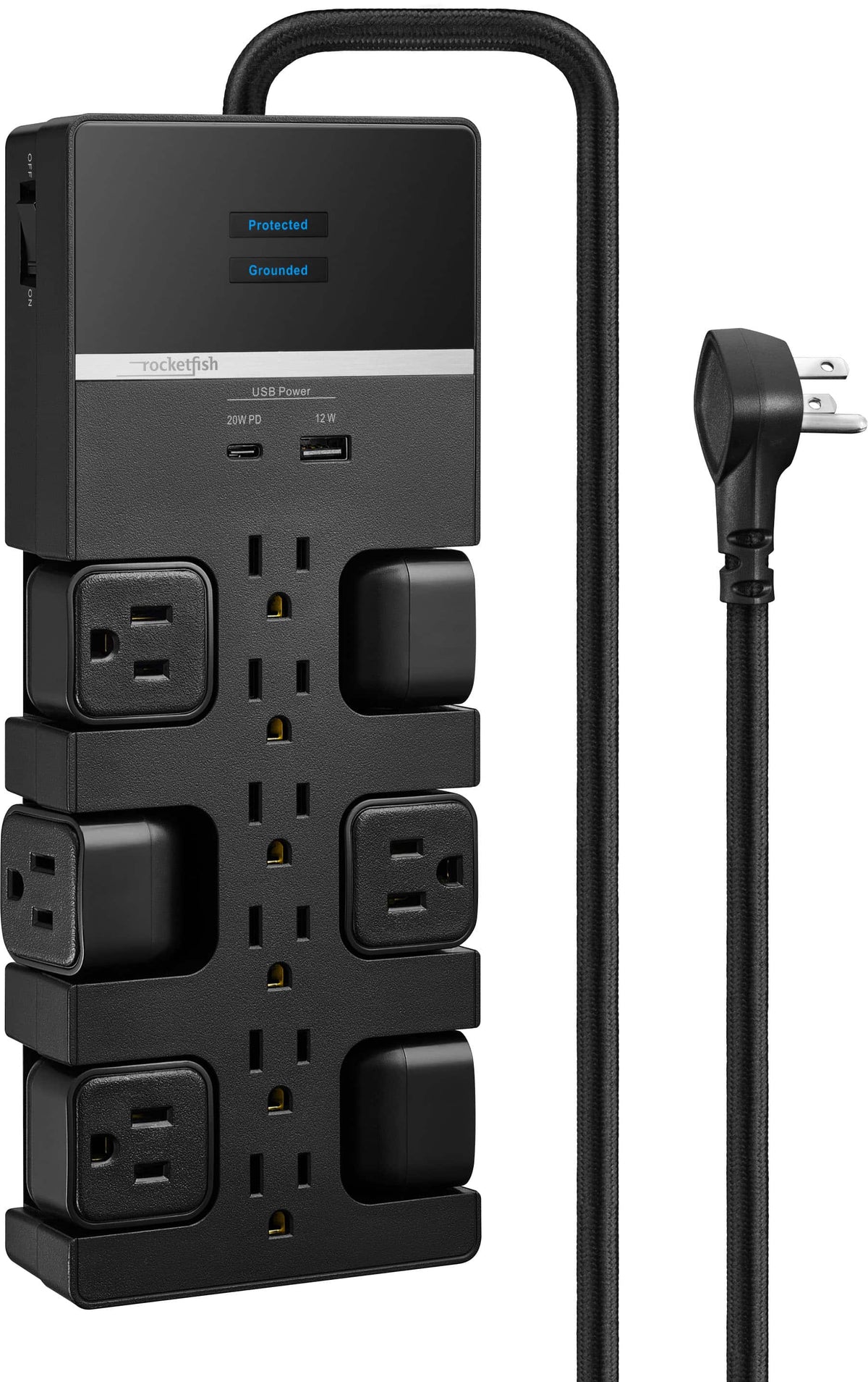 Rocketfish™ - 12-Outlet 4680 Joules Surge Protector with USB and USB-C - Black
