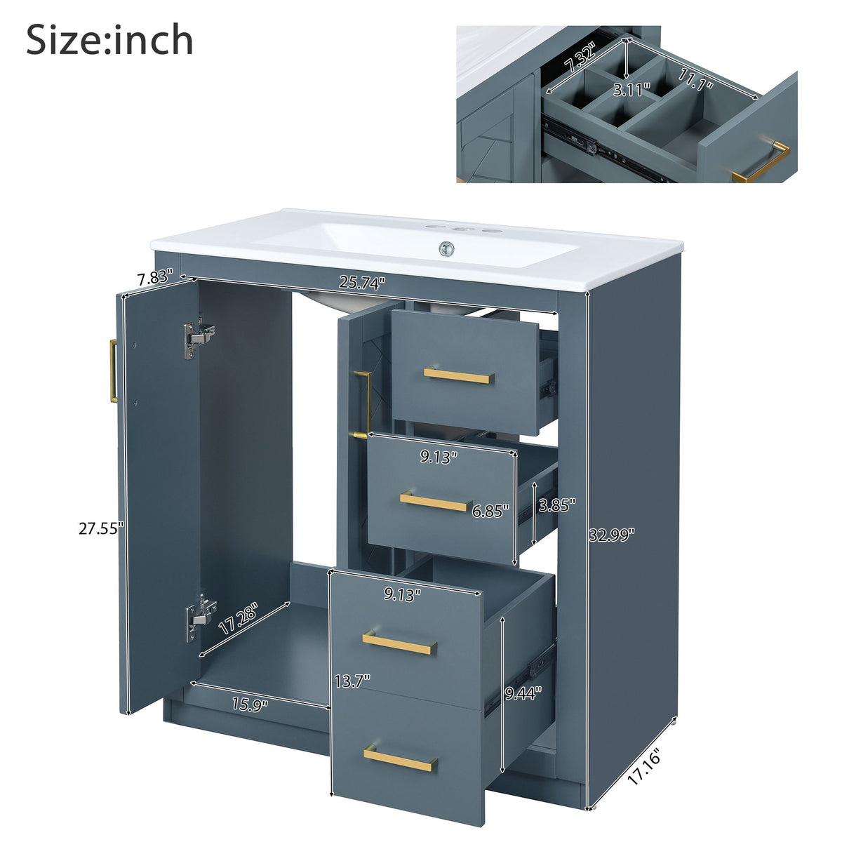 Tocador de baño con lavabo, mueble de almacenamiento, conjunto independiente con 3 cajones y puertas de cierre suave