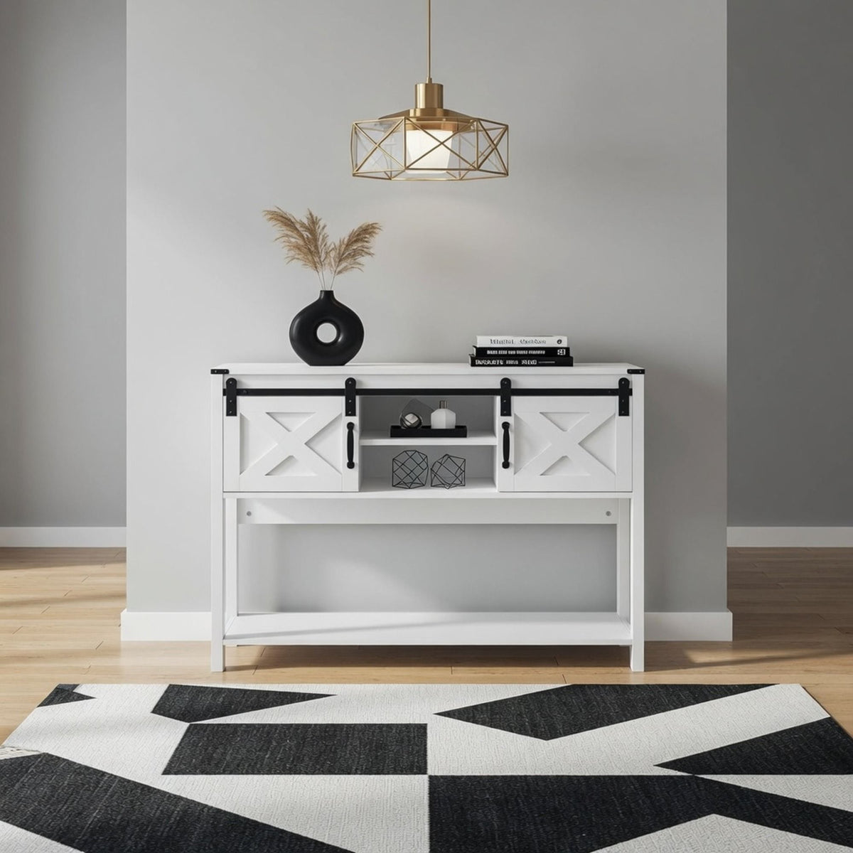 Mesa de entrada rústica con puerta corrediza estilo granero
