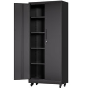 Storage Cabinet With Wheels And Lock, 4 Adjustable Shelves, 3 Point Locking Security, For Tool Organization In Garage - Black