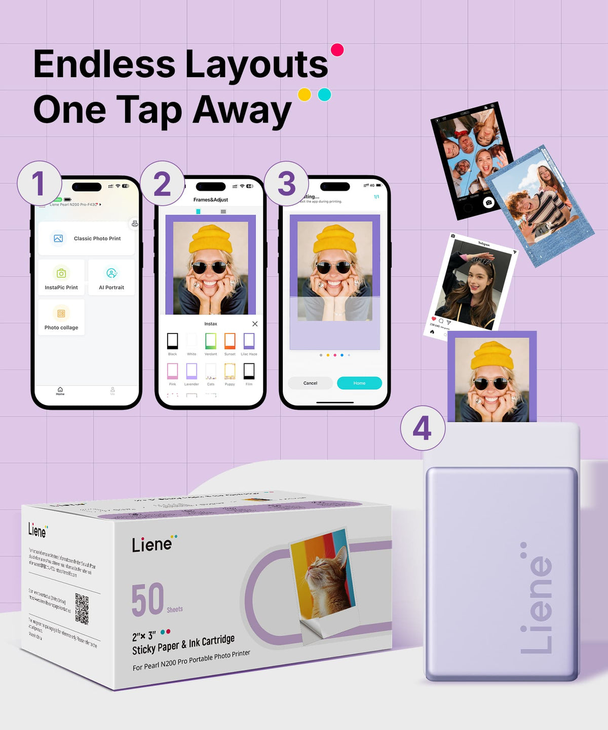 Liene - Pearl N200 Pro 2x3'' photo paper and 5 ink cartridges (50 Sheets)
