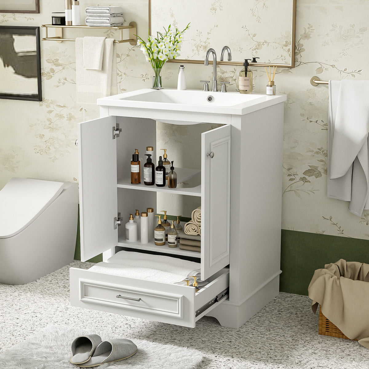 Bathroom Vanity With Ceramic Sink Combo, Modern Freestanding Storage Cabinet With Silver Handles