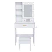 Vanity Table With Mirror, Adjustable LED Lights, Power Outlet, Hairdryer Holder & Stool