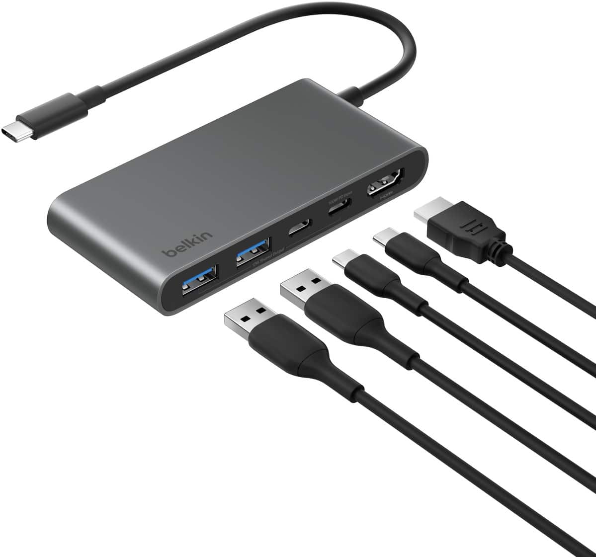Belkin - 5-Port Hub w/ 4K HDMI Display @ 60Hz, 100W Power Delivery, Fast Data Transfer 5Gbps, USB-C Multiport Adapter - Space Gray